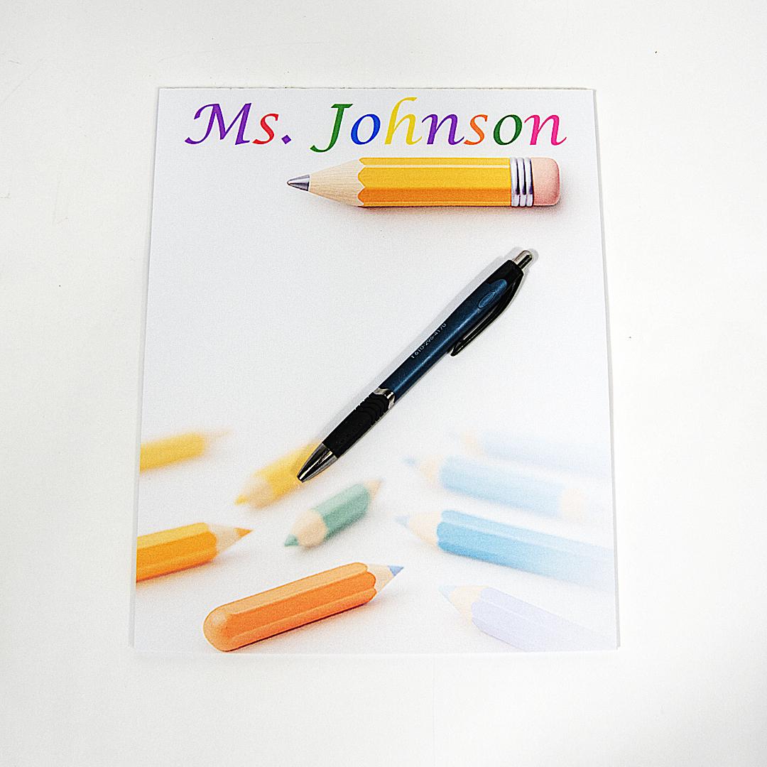 Personalized Teacher Notepad – Custom Name with Colorful Pencil Design