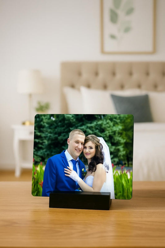 Custom Metal Photo Print with Wooden Stand – Glossy Aluminum Panel | Personalized Gift