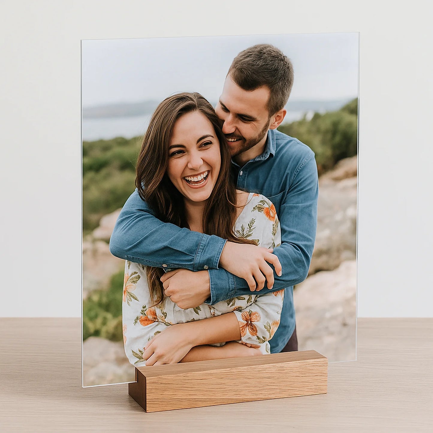 Custom Metal Photo Print with Wooden Stand – Glossy Aluminum Panel | Personalized Gift