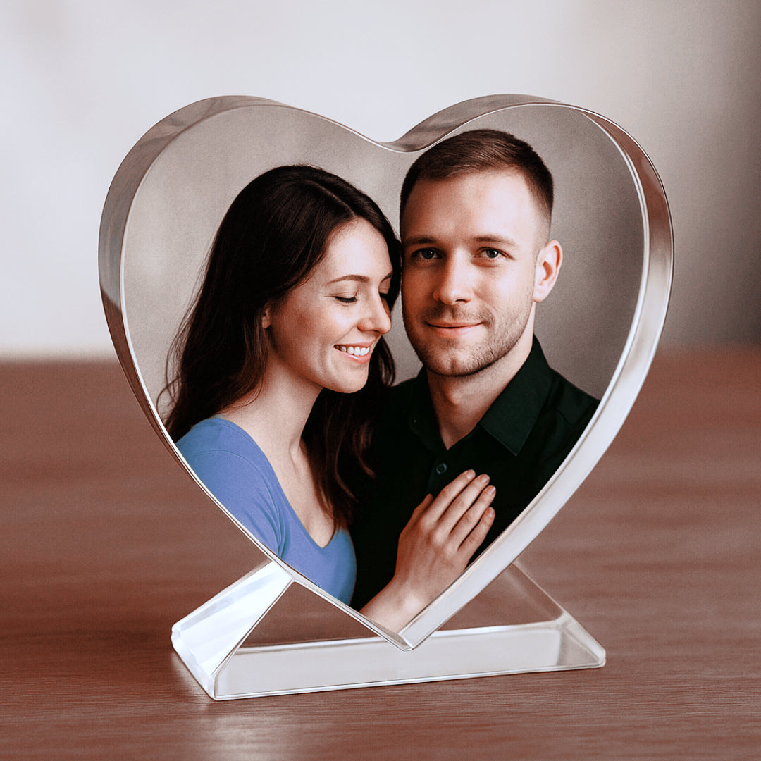 Custom Heart-Shaped Glass Photo Block with Glass Base