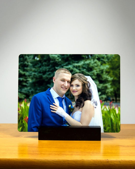 Custom Metal Photo Print with Wooden Stand – Glossy Aluminum Panel | Personalized Gift