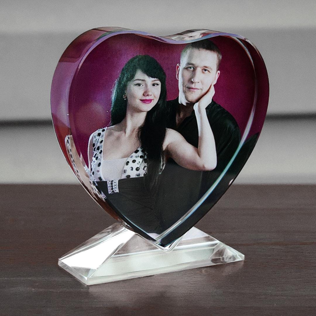 Custom Heart-Shaped Glass Photo Block with Glass Base