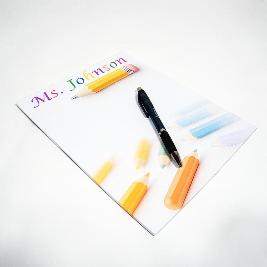 Personalized Teacher Notepad – Custom Name with Colorful Pencil Design