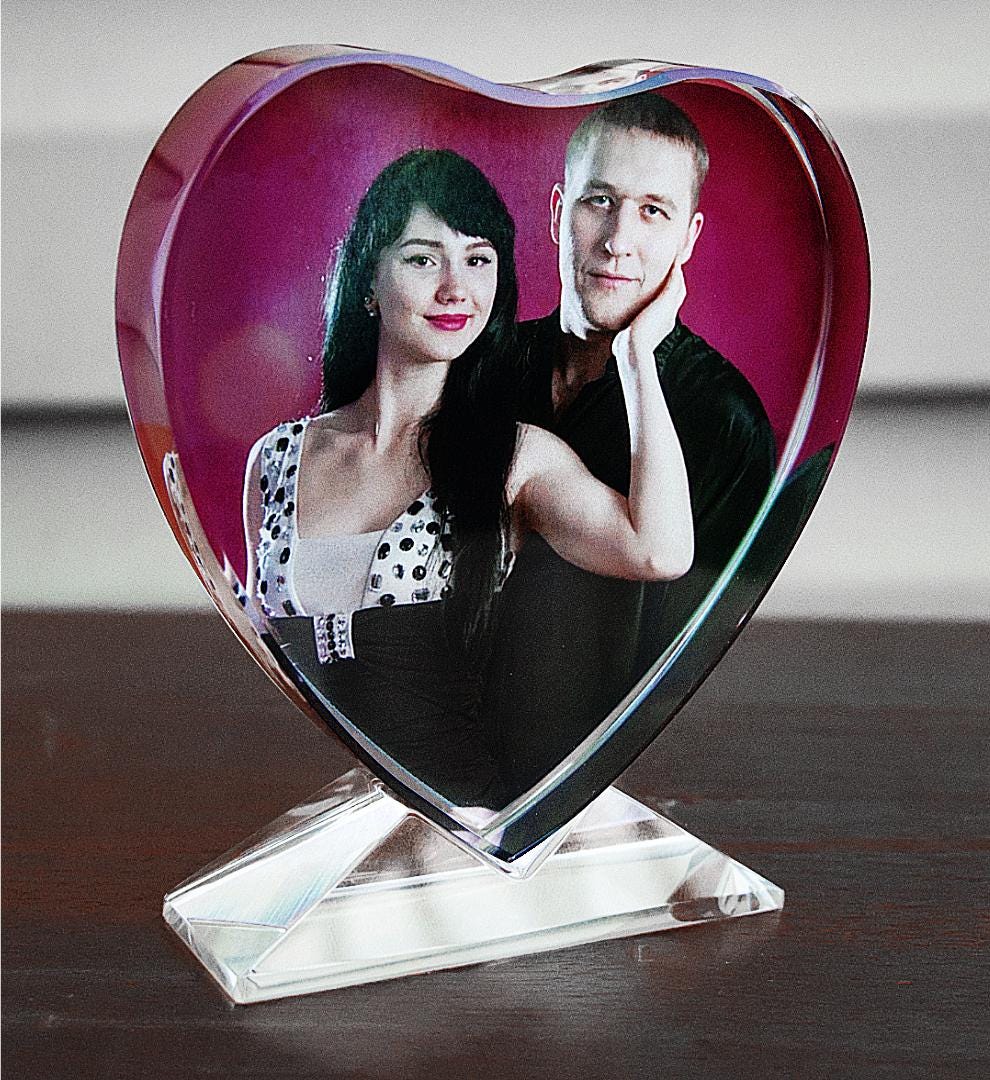 Custom Heart-Shaped Glass Photo Block with Glass Base