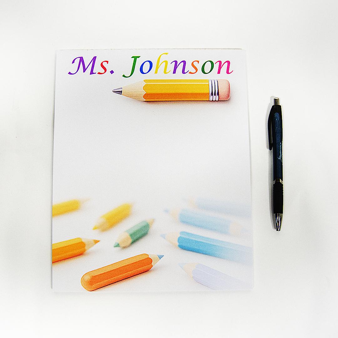 Personalized Teacher Notepad – Custom Name with Colorful Pencil Design