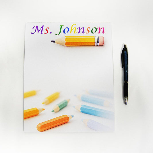 Personalized Teacher Notepad – Custom Name with Colorful Pencil Design