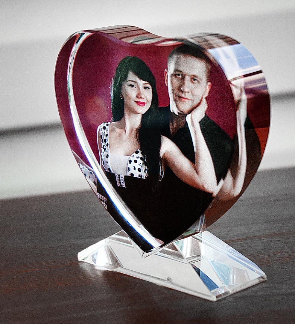 Custom Heart-Shaped Glass Photo Block with Glass Base