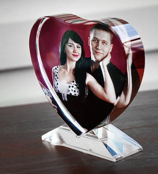 Custom Heart-Shaped Glass Photo Block with Glass Base