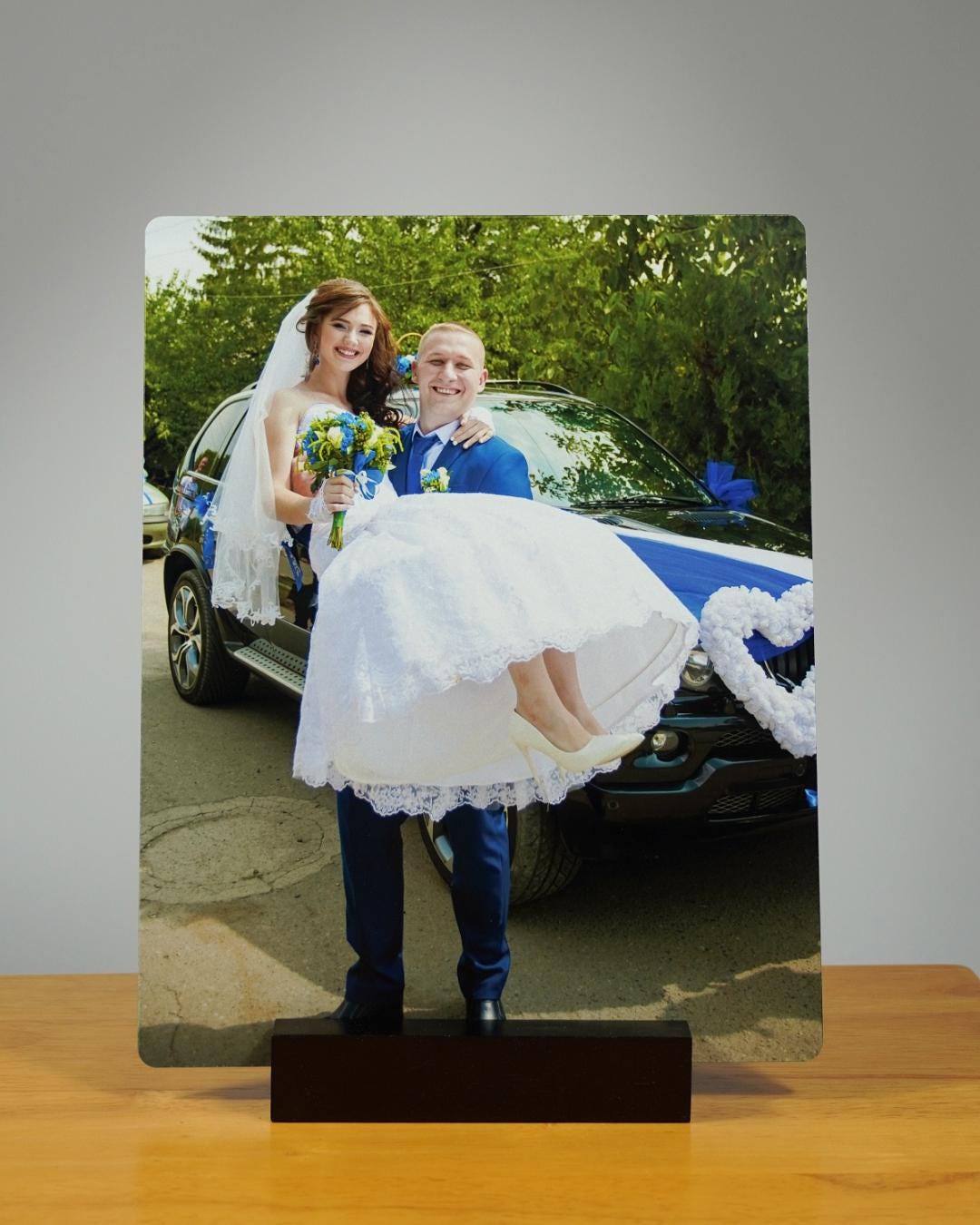 Custom Metal Photo Print with Wooden Stand – Glossy Aluminum Panel | Personalized Gift