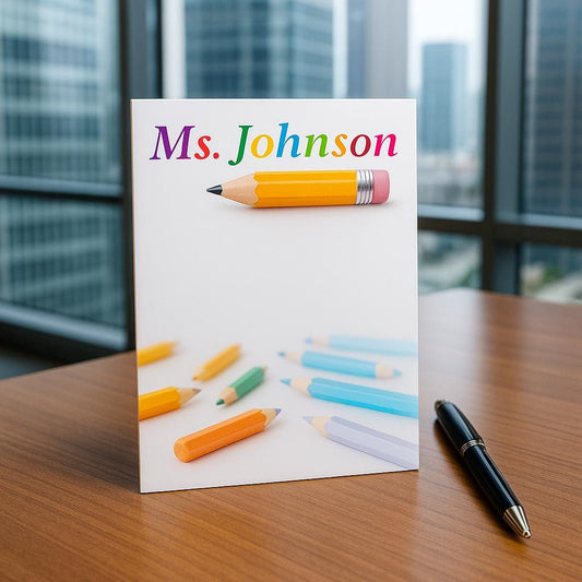 Personalized Teacher Notepad – Custom Name with Colorful Pencil Design